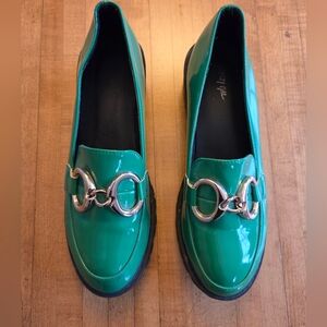 Nasty Gal Green Patent Leather Loafers With Gold Harness Accent Size 39